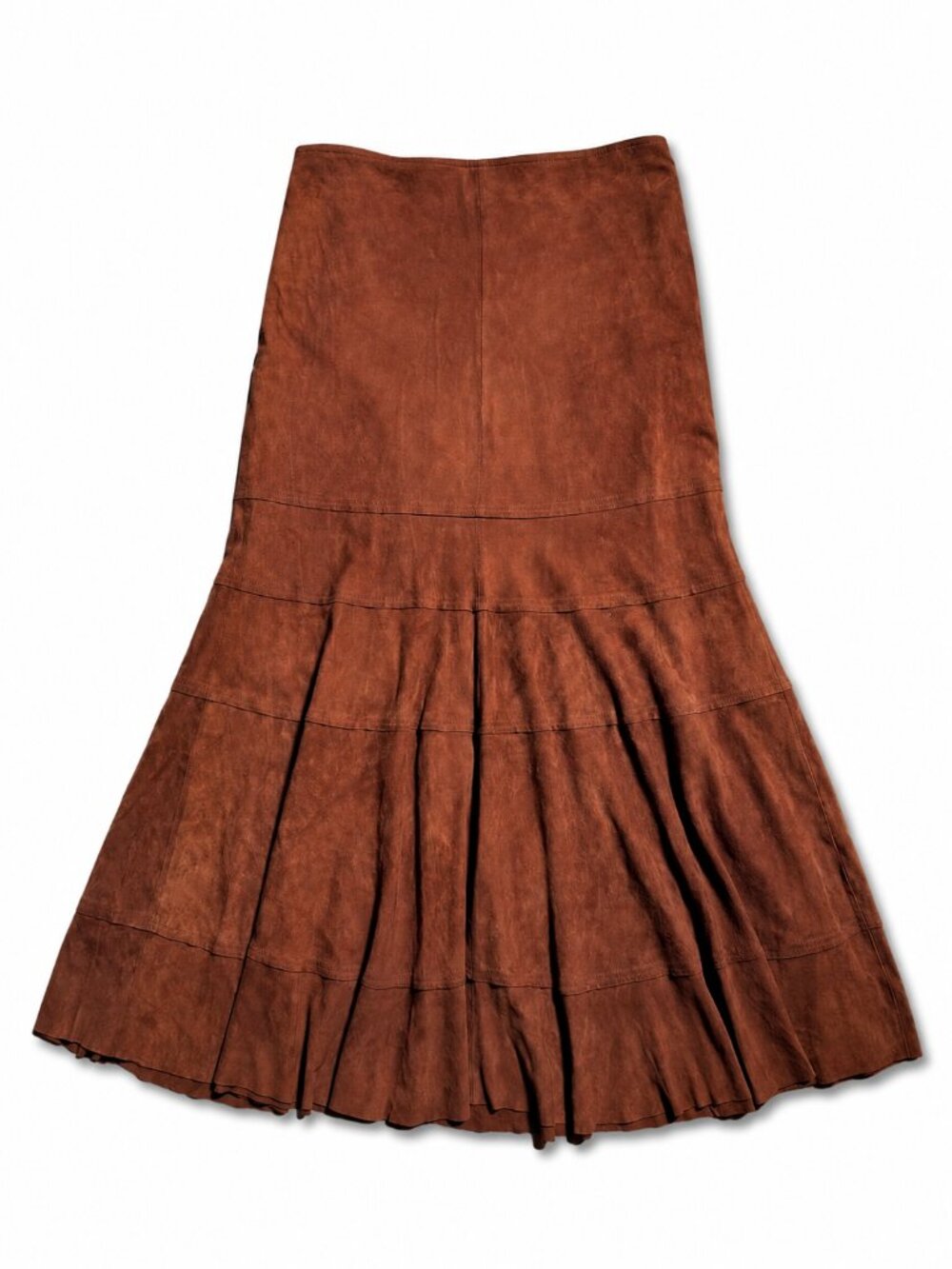 Vintage Leather Tiered Brown Flare Maxi Skirt Women's Size 8